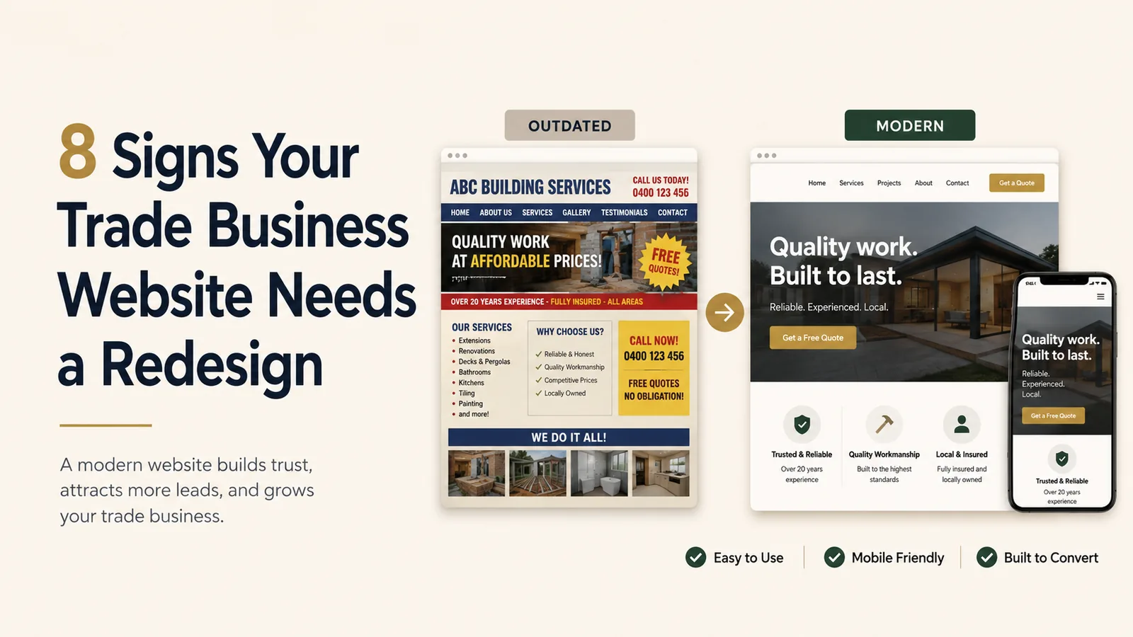 A cluttered, outdated trade website shown beside a clean modern redesign of the same site on desktop and phone.