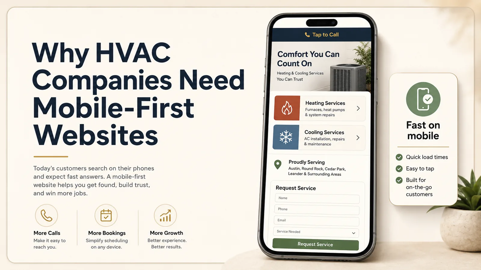 A phone showing an HVAC website with a tap-to-call bar, heating and cooling service links, a service-area list, and a request-service form.