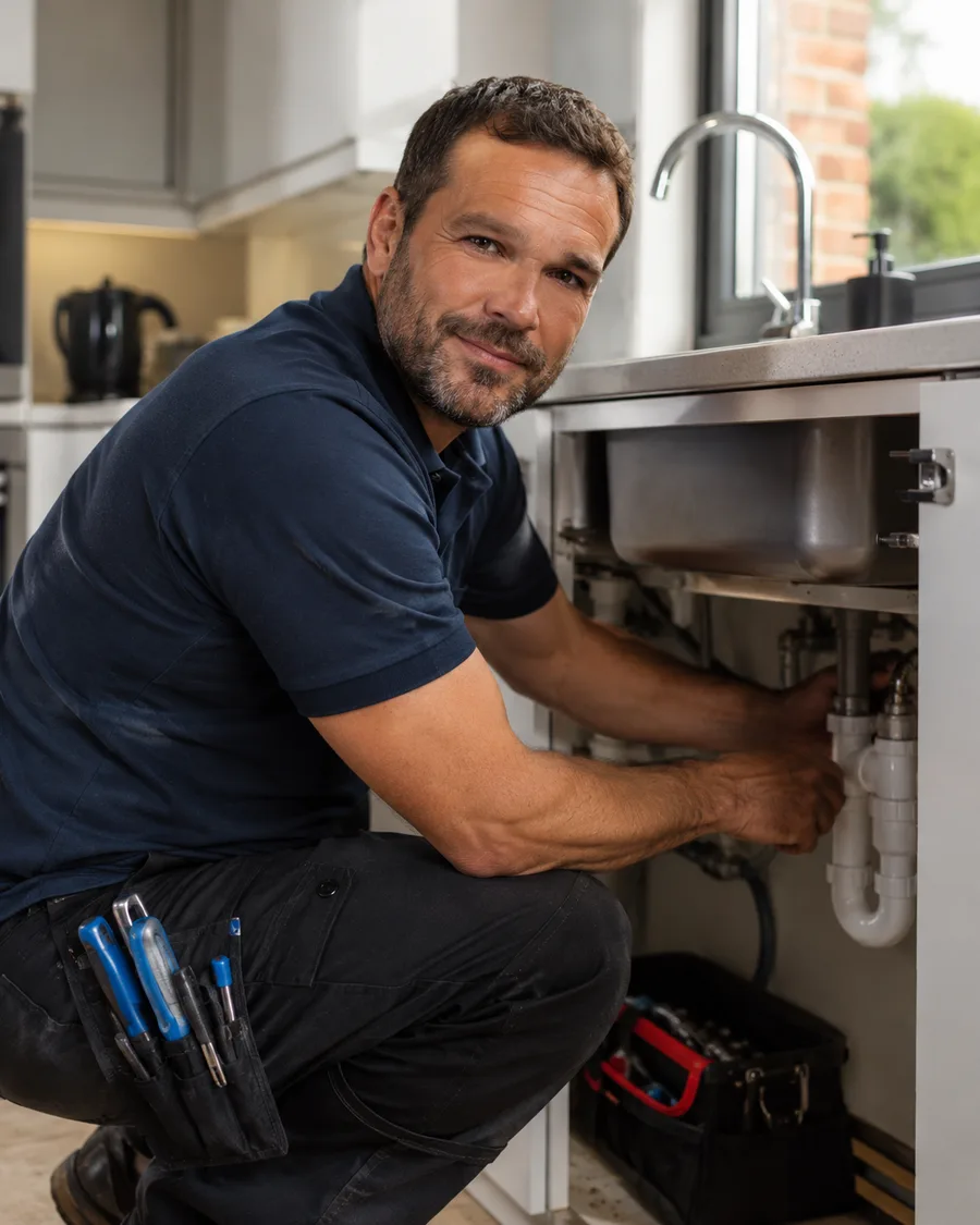 A plumber working under a kitchen sink, representing the local businesses Pak Tech Solutions builds websites for