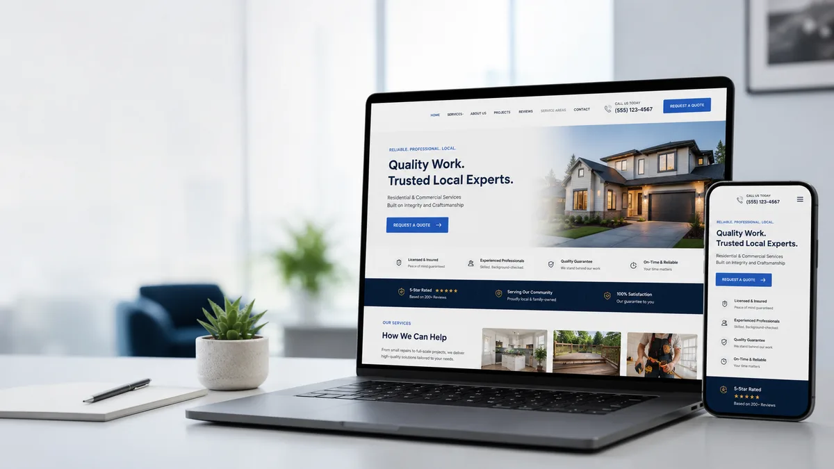A home services company website shown on a laptop and phone, built by Pak Tech Solutions