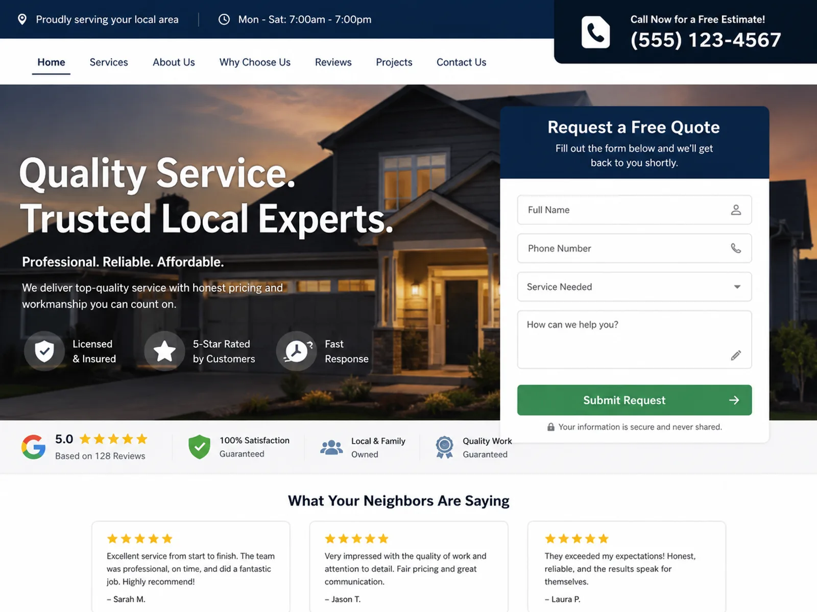 Homepage of a website built by Pak Tech Solutions, showing the hero section and a request-a-quote form
