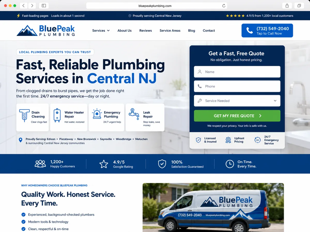 The same plumbing company website redesigned with a clear headline, service cards, trust badges, and a get-a-quote form