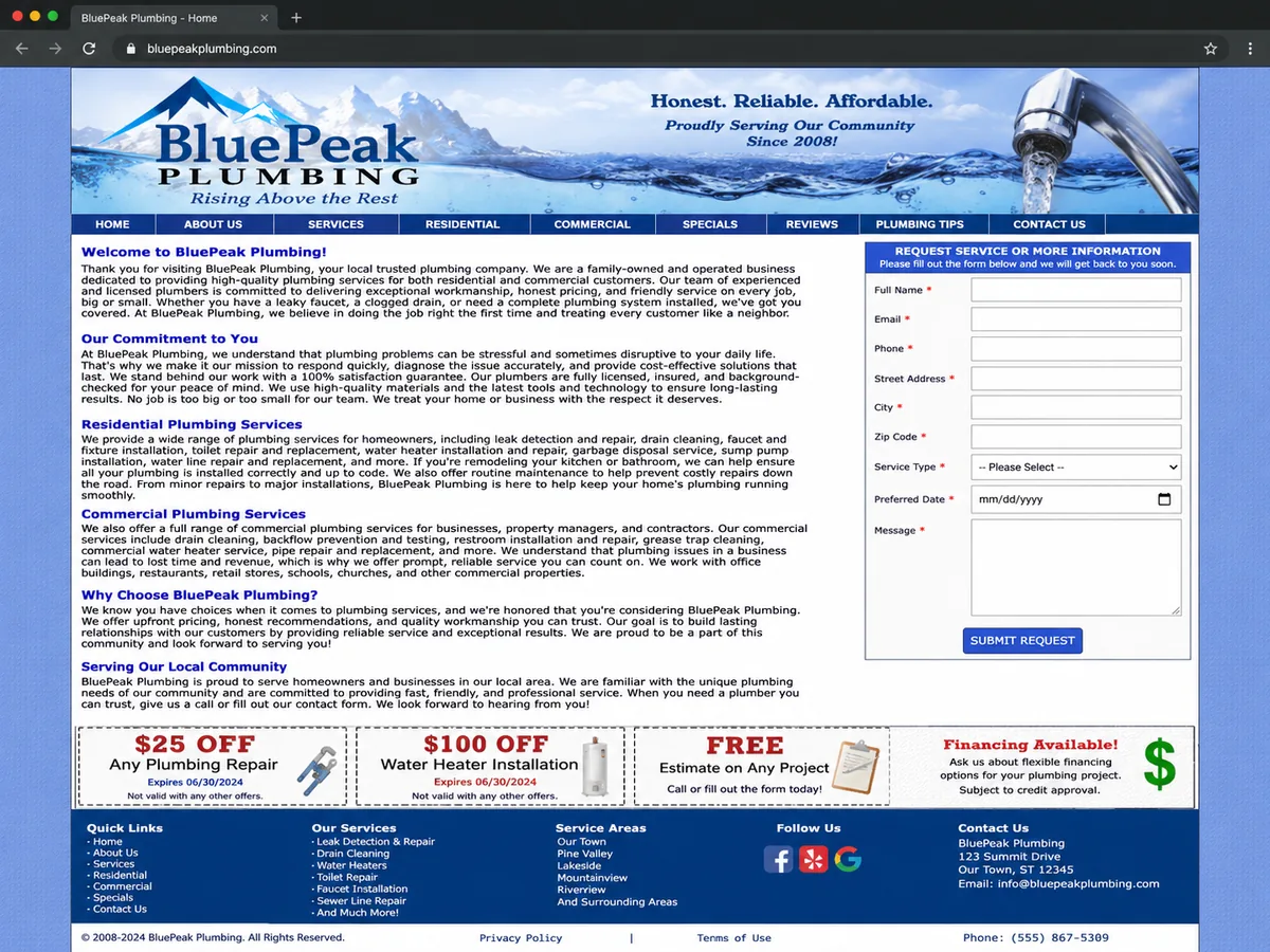 An outdated plumbing company website with a cluttered banner, dense paragraphs, and a long contact form