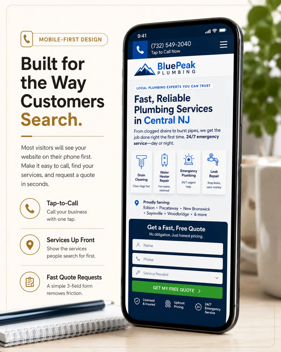A redesigned plumbing company website on a phone, with tap-to-call in the header and a three-field quote form