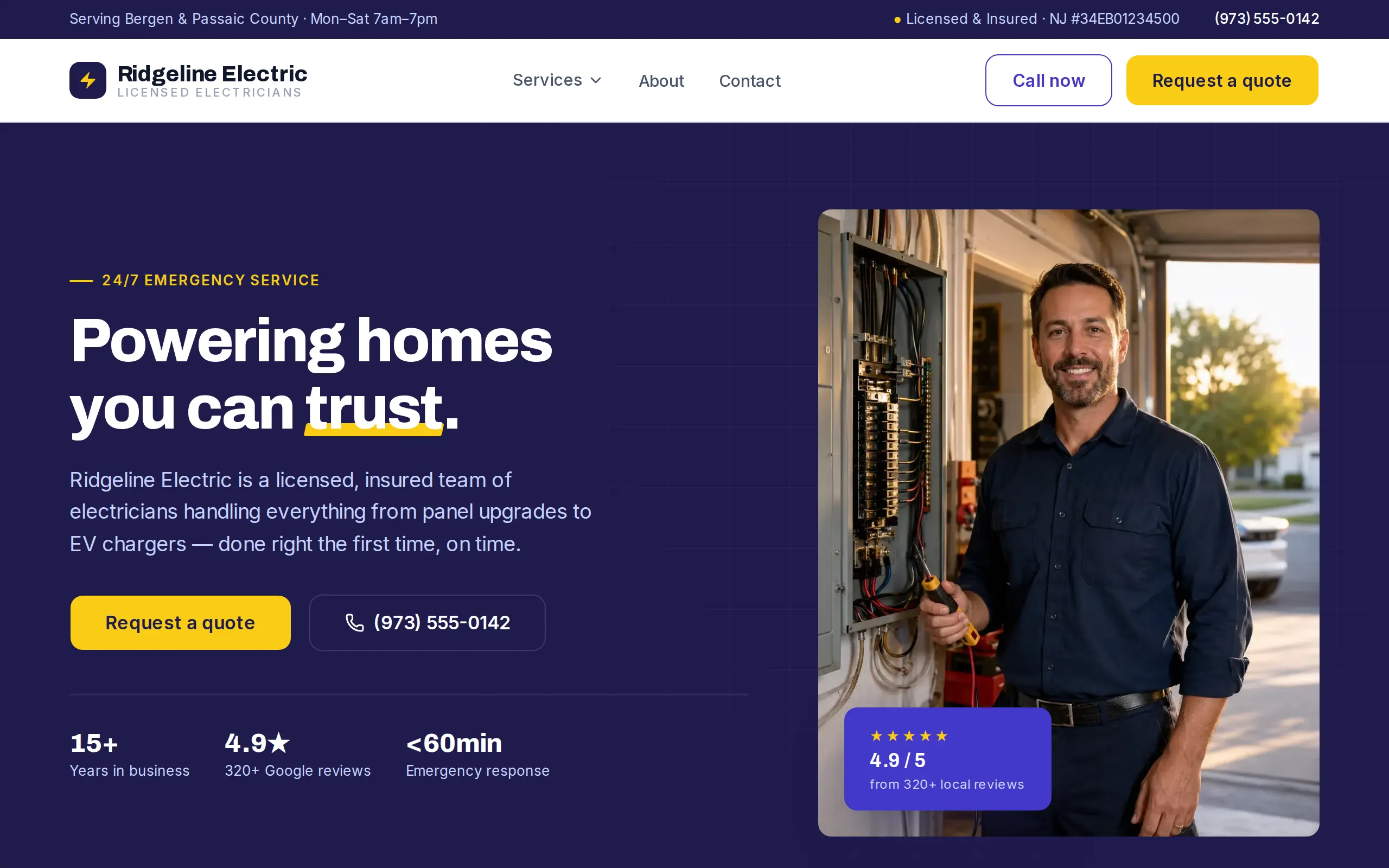 Homepage of an electrician website built by Pak Tech Solutions